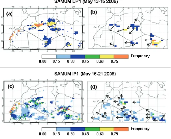 Figure 3: Occurrence of significant dust emissions (i.e. dust flux > 10 -10 g.cm -2 .s -1 )  simulated with the LM-MUSCAT regional model (a), and occurrence of dust emissions  observed with Meteosat Second Generation (b) during SAMUM Dust Phase 1 (DP1)