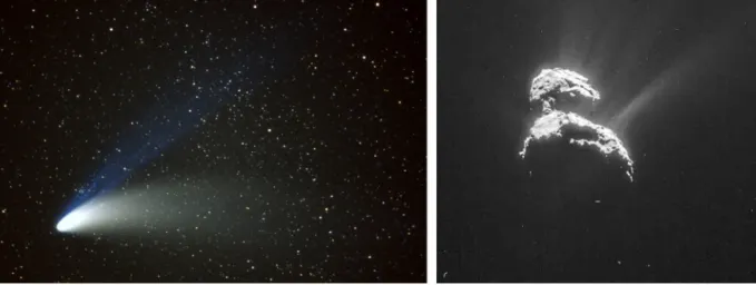 Fig. 1. Cometary images. Left: Comet C/1995 O1 (Hale–Bopp) observed from the Earth on 6 April 1997 (photo: N