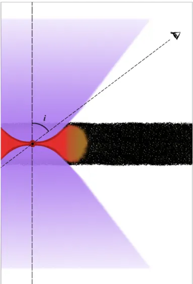 Fig. 1. Unscaled illustration of the AGN model components. The central SMBH and its accretion disk are merged into a punctual source  repre-sented with a black dot