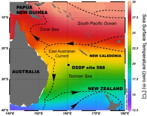 Figure 2. Location of the studied oceanic site in the Tasman Sea. The map layout was generated using Ocean Data  View (Schlitzer, 2017)
