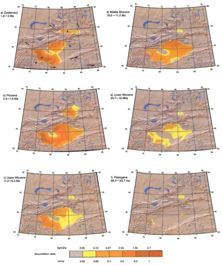 Figure  5 .   Reconstituted accumulation rates of the Tarim and Dzungar  basins for six different time intervals