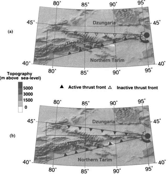 Figure 10.  Digital  elevation  model  of  Tien  Shan  regions  (NW China) from  DCW  database (Defense Mapping Agency  1992) showing  the  two  models used to reconstruct the mean palaeotopography  of the Tien Shan since the beginning of the Tertiary