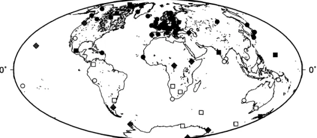 Figure  14.  Times of occurrence  of the 1978 event. These are detected  using either the wavelet  transform  maps (before 1980, solid squares;  after 1980, open squares)  or the ridge functions  (before  1980,  solid circles;  after 1980 open circles;  se