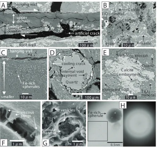 Fig. 3. SEM and TEM images for the pseudotachylyte. (A) Upper molten domain and lower ultracataclaste-dominated domain in the fault vein
