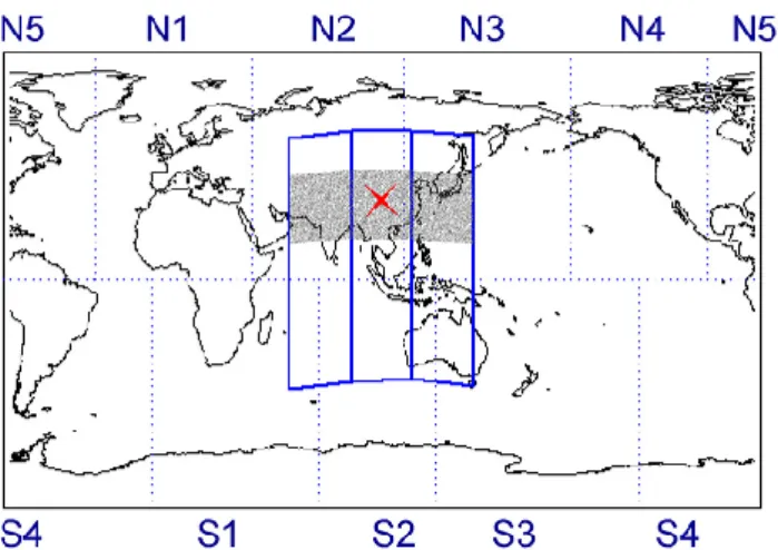 Fig. 3. Longitude sectors of a λ indices and western, Sichuan and eastern zones used for a statistical study