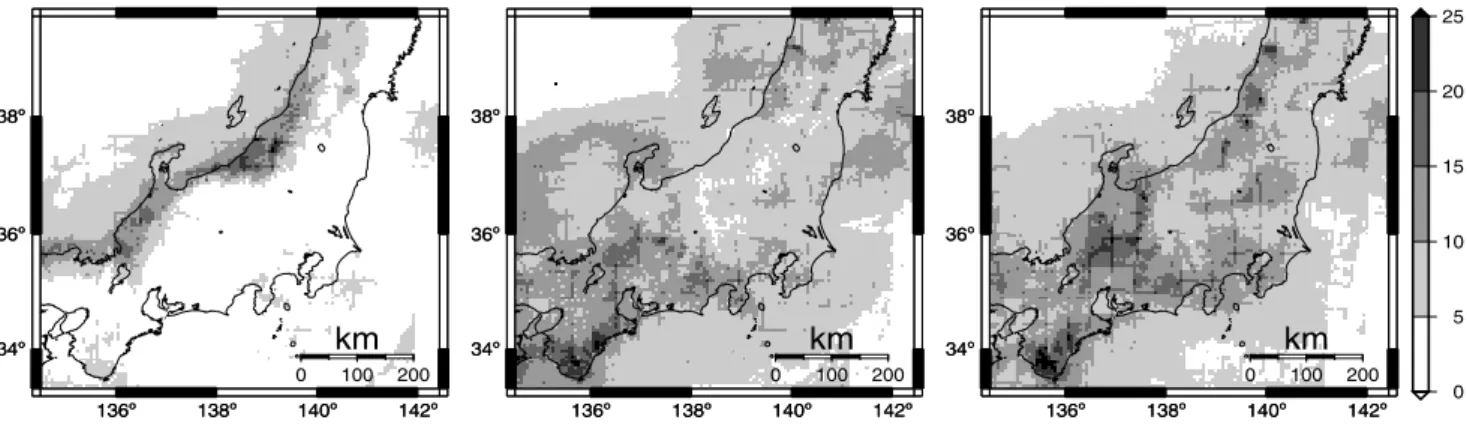 Fig. 2. Spatial heterogeneity shown by the daily average rainfall intensities for the months of January (left) May (middle) and July (right), based on radar-AMeDAS data from 1995 to 1999