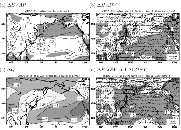 Fig. 7. The LGM anomalies associated with the water budget during JJA using the output from the MIROC model (1P RCP in the MIROC model is given in Fig