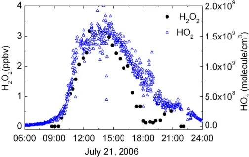 Fig. 5. Concentration profiles of HO 2 and H 2 O 2 measured at Backgarden 21 July 2006.