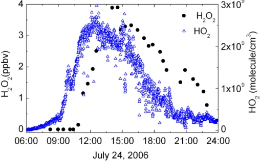 Fig. 6. Diurnal profiles of HO 2 and H 2 O 2 measured at Backgarden on the 24 of July, 2006, showing a high level of H 2 O 2 at night.