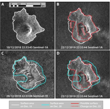 Fig. 3. Sentinel-1A images showing the changes of Anak Krakatau from 10 to 28 December 2018