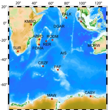 Figure 1. Map of the 15 permanent Indian Ocean seismic stations used in this work. These stations are part of the GEOSCOPE, IRIS, Geoscience Australia and Pacific21 networks