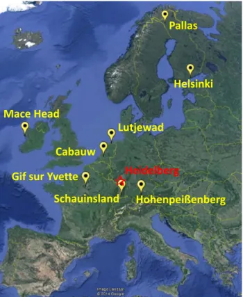 Figure 2. Map of European stations where 222 radon comparison campaigns were conducted