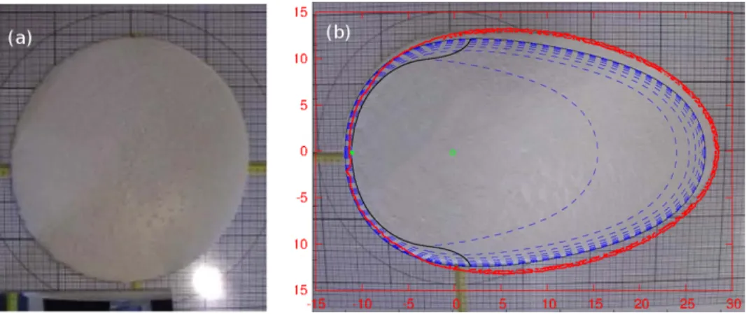 Figure 3. The kaolin experiment with α = 9.6 ◦ : (a) initial state and (b) final one. Comparison of the final front position between experiments from [8] in black and present computations in red.