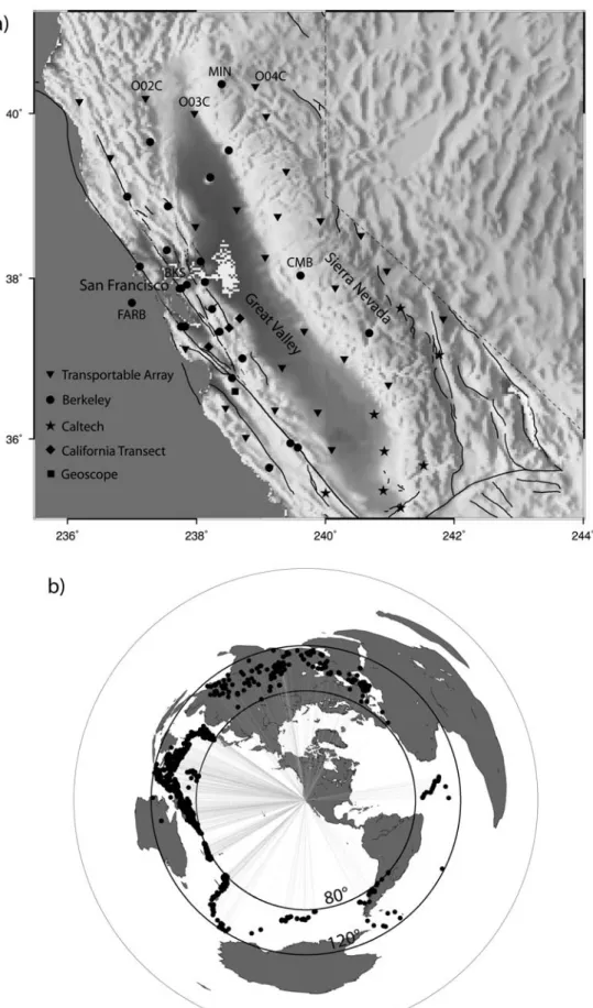 Figure 1. (a) Location of the broadband seismic stations used in this study. BKS, CMB, FARB, MIN, O02C, and O04C are stations cited in this study