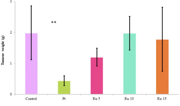 Figure 7. The weight of the solid Ehrlich tumour (in grams) on day 10 of mice injected  on days 1 and 7 i.p