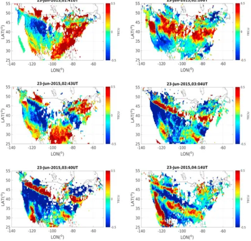 Figure 8. Total electron content perturbation maps showing traveling ionospheric disturbances propagating over North America at selected time steps during the main phase of the geomagnetic storm on 23 June.