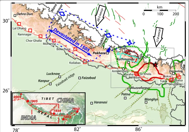 Fig. 1 Macroseismic effects of large Nepalese earthquakes. Green and red, solid and dashed lines are VII and VIII isoseists of the 1934 and 1833 AD events, respectively (Sapkota, 2011)