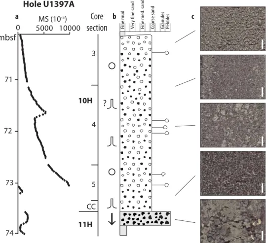 Figure 6. Basal ﬂow-in and fall-in disturbances in Hole U1397A, offshore Martinique, IODP Expedition 340