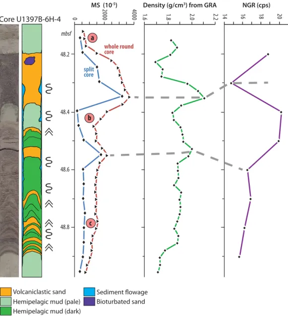 Figure 3. Variations of physical properties with coring disturbances, Core U1397B-6H4, offshore Martinique