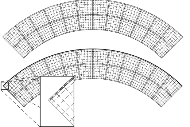 Figure 1. 2-D vertical cross-section of one region of meshes 1 (top) and 2 (bottom) used to propagate waves in, respectively, model 1 and 2 (see text)