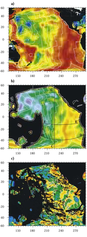 Figure 8. (a) Apparent thermal age for the Pacific from Ritzwoller et al. [2004], (b) estimated topography, and (c) residual topography