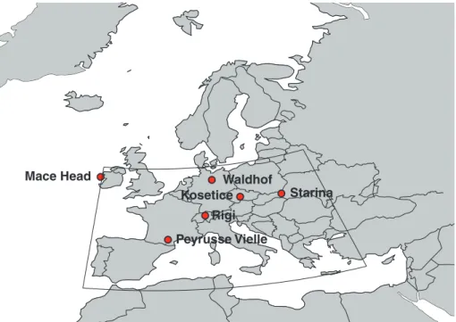 Fig. 7. Monitoring sites used for calculating air mass back trajectories. The region marks the domain defining the European residence times.