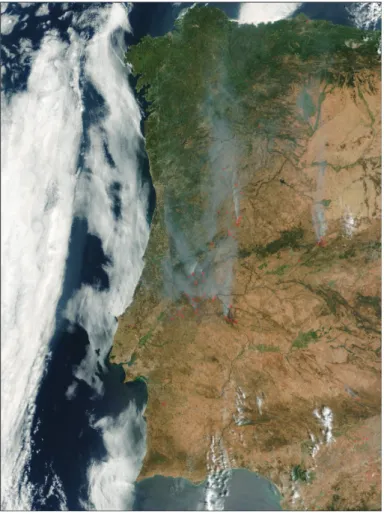 Fig. 12. Picture from the Terra satellite 4 August 2003 11:30 UTC showing extensive fires EGU (marked with red symbols) and smoke plumes moving north on the western part of the Iberian Peninsula