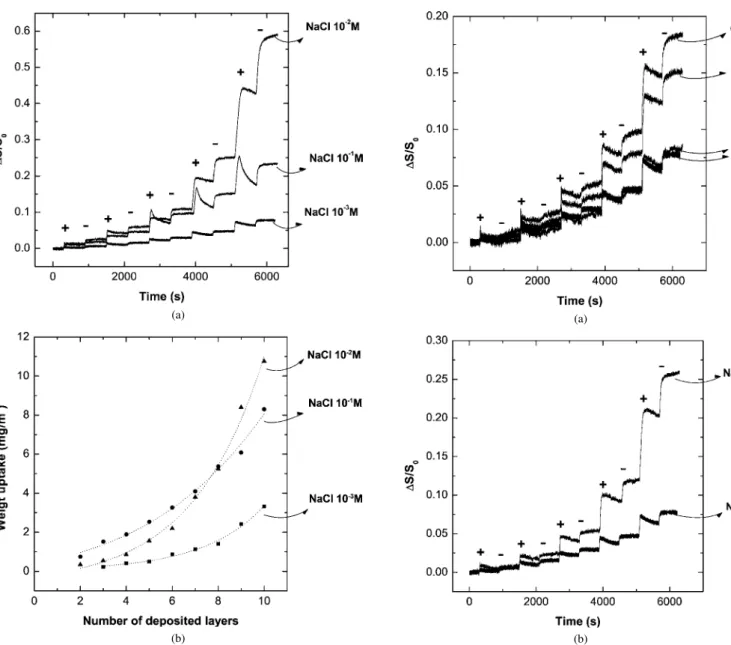 figure presents both the output of the reflectometer (Fig. 3a) and the successive weight uptakes (Fig