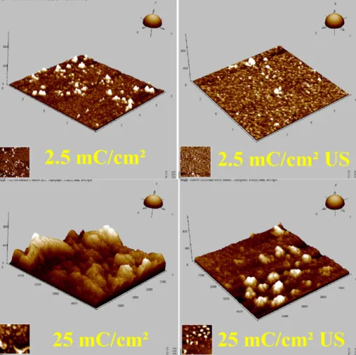 Fig. 1. AFM images (contact mode) of silent and sonicated PPy/ClO 4 − for different charge depositions: 2.5 mC/cm 2 and 25 mC/cm 2 .