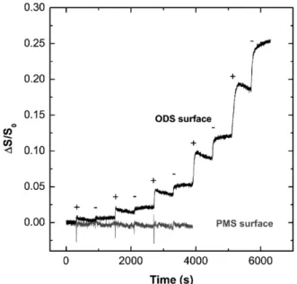 Fig. 1. Evolution of the reflectometric signal S/S 0 vs. time during the multilayer adsorption (five bilayers) on silica surface (MADQUAT was first introduced) and on aminated surface (PAA was first introduced).