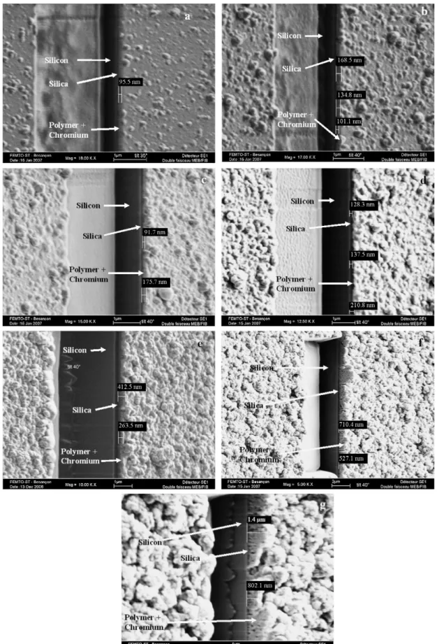 Fig. 2. SIM images of ﬁlm multilayer deposit on silica wafer and covered by chromium layer with a tilt of 408 (images b–f) or 308 (image a and g) to study the cross-section