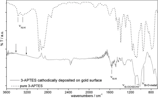 Fig. 3. IR-ATR spectra of pure 3-APTES (dot line) solution and electrodeposited 3-APTES on gold plated quartz crystal (solid line).