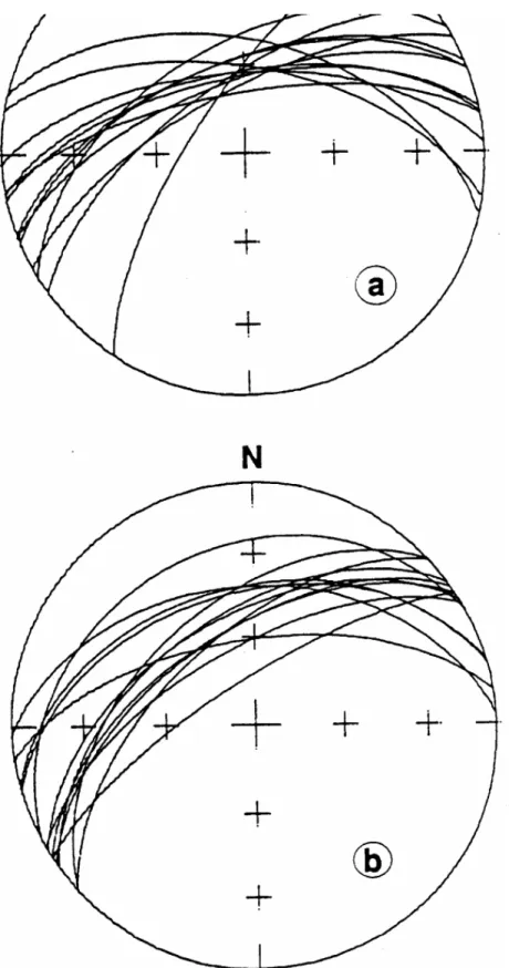 Fig. 5. Remagnetization circles before (a) and after (b) dip correction for FII formation (equal area projection in  the lower hemisphere)
