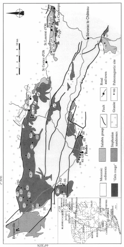 Fig. 1. Geological map (after 15 and 37) and sampling sites: Salabru group (sites 1-12S); Grès Rouges group (1- (1-23G)