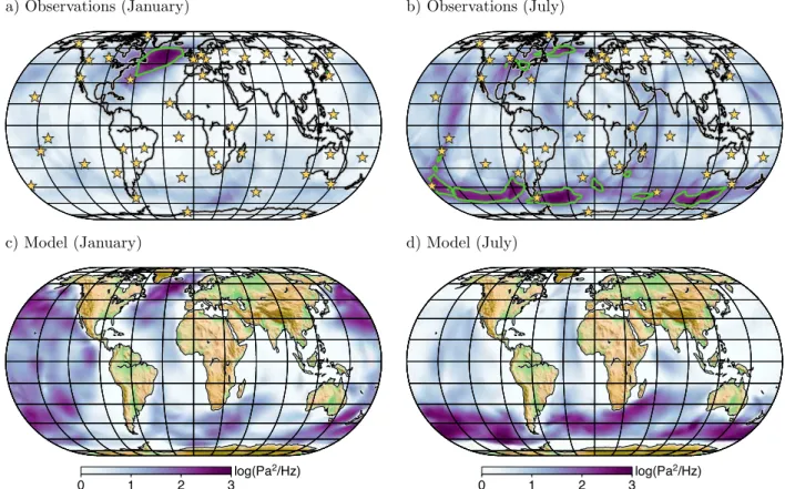 Figure 4. Microbarom source location based on cross-bearing azimuth of PMCC detections for January and July (Land`es et al