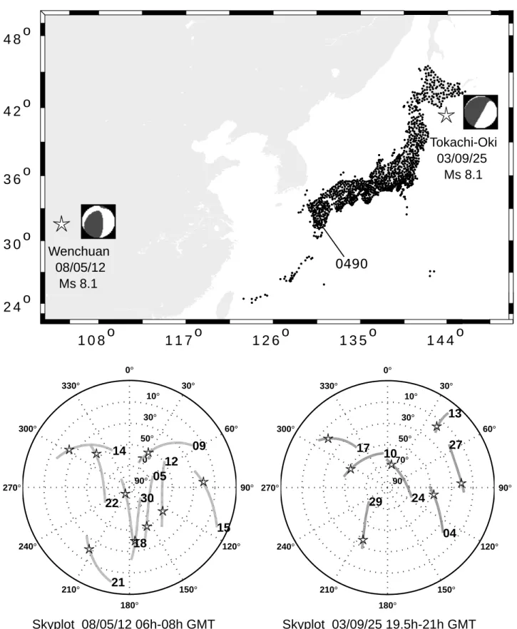 Figure 2. (top) Location of the two seismic events observed with the help of the GEONET dense GPS array, whose receivers are marked by black dots