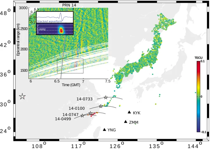 Figure 3. IPP TEC map measured on 12 May 2008 at 0650:00 UT (22 min after the Wenchuan earth- earth-quake) using GEONET observing the GPS satellite 14