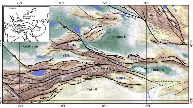 Fig. 1. General topographic and tectonic map of the Tian Shan Range and surrounding areas