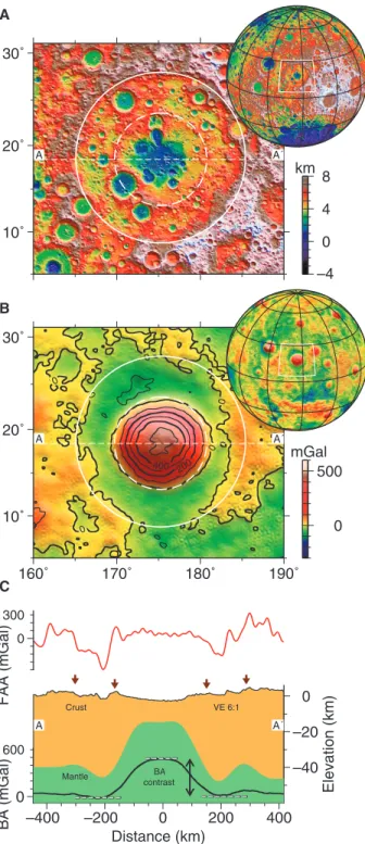 Fig. 2. Freundlich-Sharonov basin. (A) Topography of this farside peak- peak-ring basin is shown over shaded relief