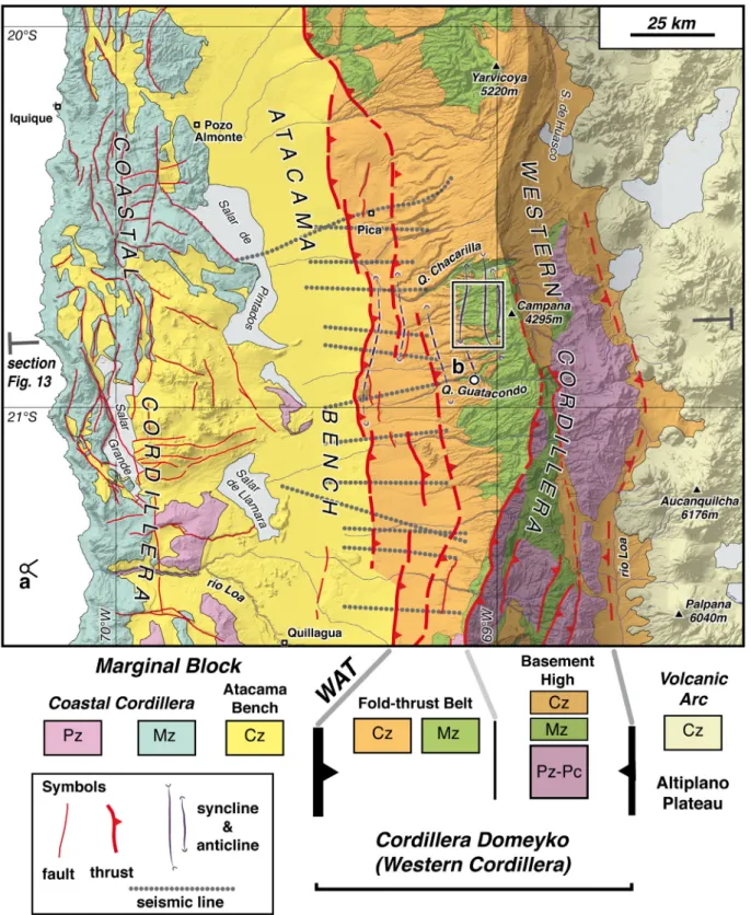 Fig. 9. Tectonics of landward forearc–Andean subduction margin — North Chile. Simpliﬁed Geological Map (see location within the large-scale regional context in Fig