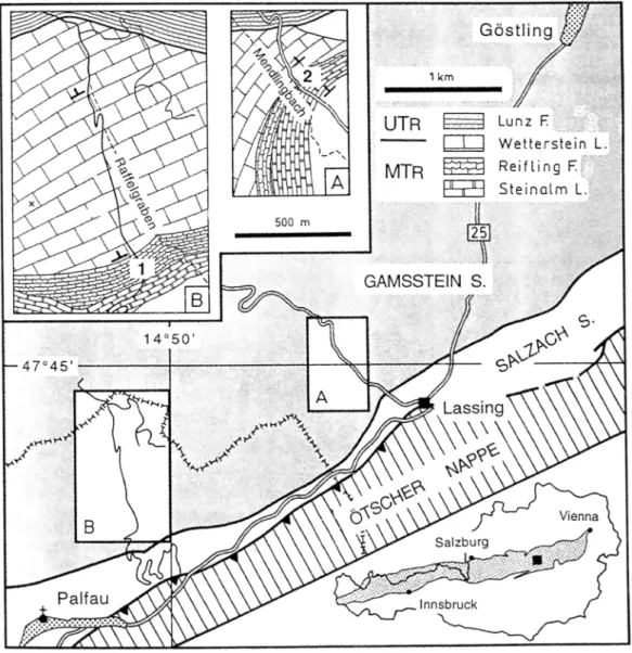 Figure 2.  Location  map of the Gainsstain  (B) and Mendlingbach  (A) sections  and simplified  geologic 