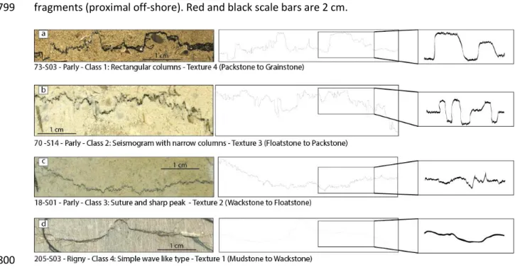 Figure 5 – a-d) Examples of stylolite classes based on morphology as proposed by Koehn et al