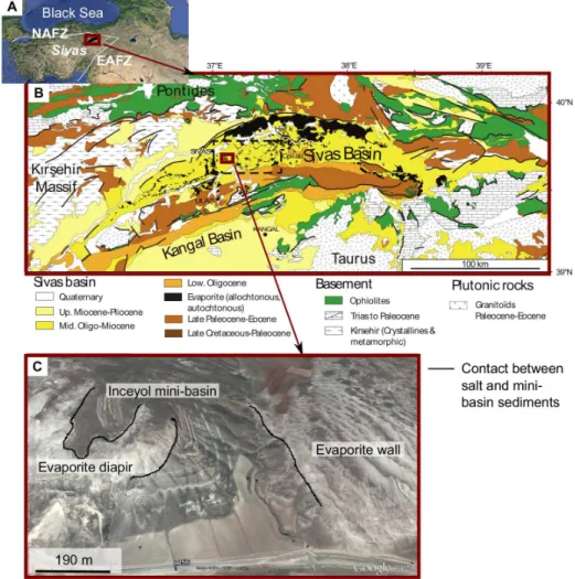 Figure 2: Location of the Sivas basin and the Inceyol mini-basin. A - Tectonic map of Turkey, with the main continental blocks, major suture zones and Oligo-Miocene Sivas Basin deposits (adapted from Ribes et al