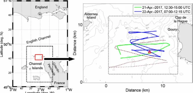 Fig. 1. Left panel: Map of the central part of the English Channel and location of Aldemey Race (red  rectangle)