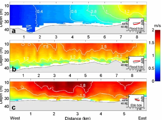 Fig. 4. Current speed (1-min averaged) along the cross-sections on flood tide (a,b) and ebb tide (c)