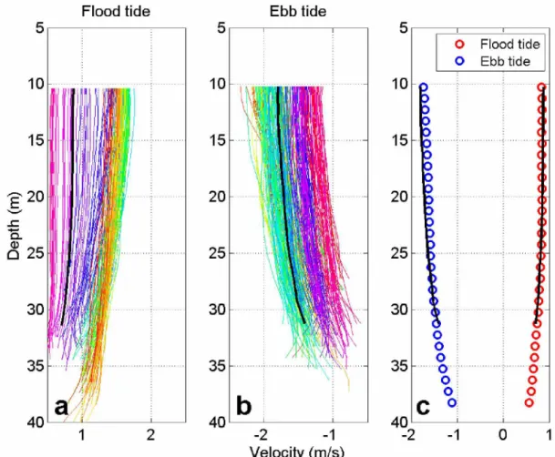 Fig. 5. Current velocity profiles (1-minute averaged) derived from towed ADCP measurements during  flood tide (a) and ebb tide (b) surveys