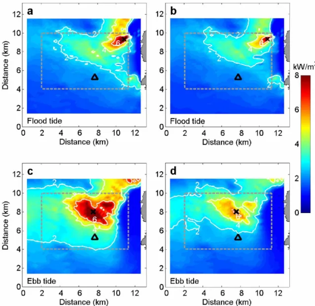 Fig. 10. Mean kinetic power density < P > derived from the model (a,c) and optimally interpolated  velocities (b,d), averaged over flood and ebb tide periods: 21 Apr