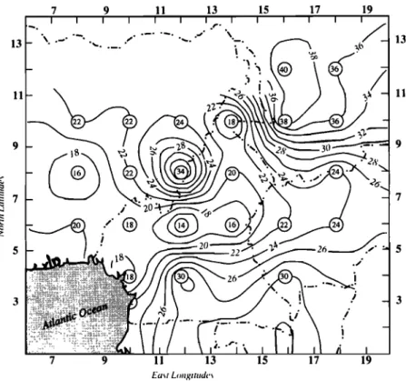 Figure  9.  Effective elastic thickness  (Te) contour map of west central Africa.  Contour interval is 2 km