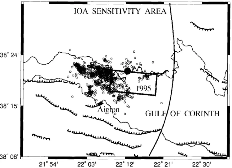 Figure  6 .  Fault  model  and  aftershocks  of  the  1995 Aigion  earthquake  (from  Bernard et  al
