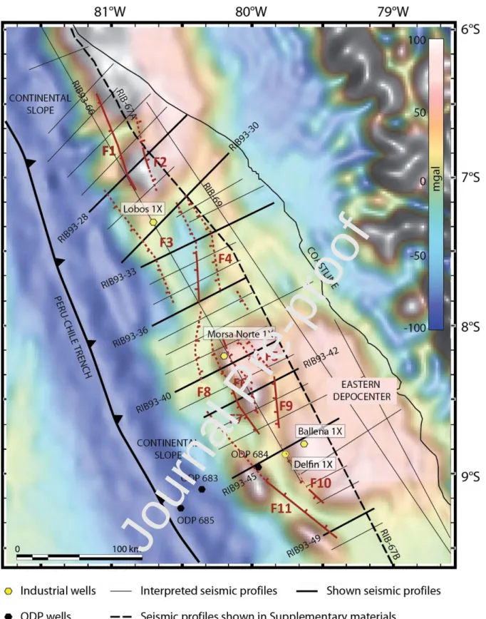 Figure  2. Gravity  map  (Sandwell  and  Smith,  1997) from  GeoMapApp  (resolution:  1,75 km²)  with  the  position  of  seismic  lines  interpreted  in  this  study  and  wells  used  for  chronology  purposes  (PARSEP,  2001)